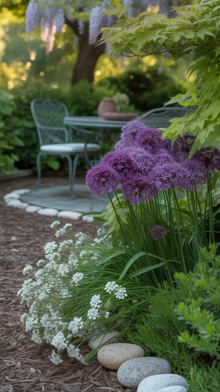 Wisteria-Shadowed Garden of Purple Alliums and River-Stone Tranquility