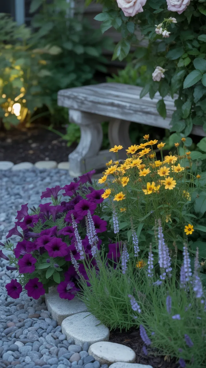 Quiet Garden Elegance with Cascading Petunias and Golden Coreopsis