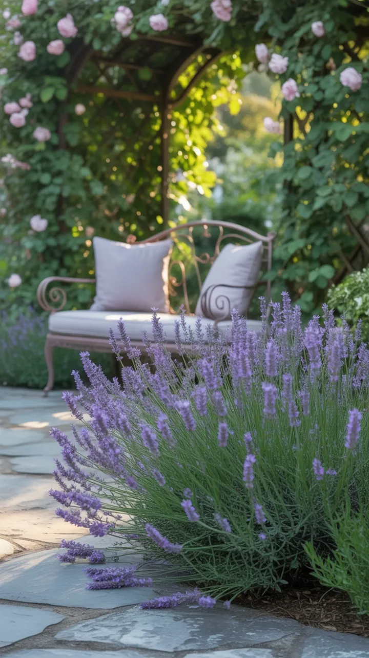 Sunlit Lavender Curve Beside a Weathered Stone Path