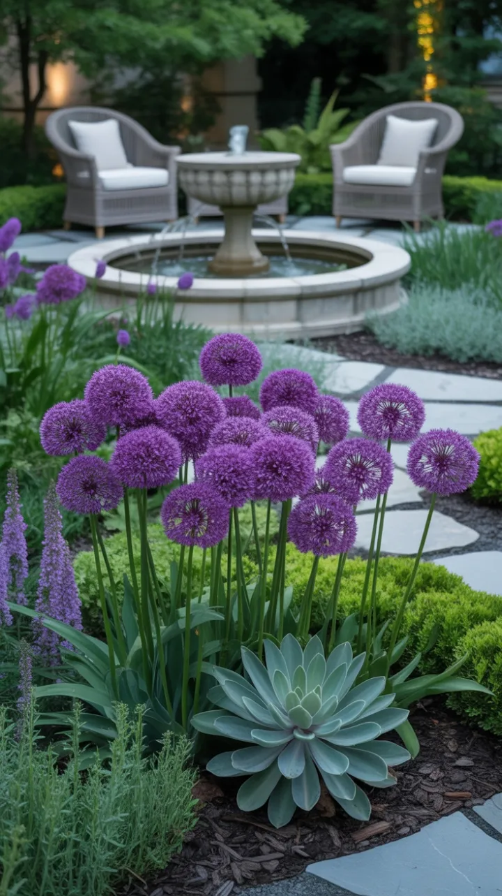 Spherical Purple Alliums in a Luxurious Garden Retreat