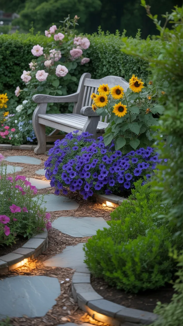 Stone Path to a Rose-Draped Bench in a Sunflower and Petunia Garden