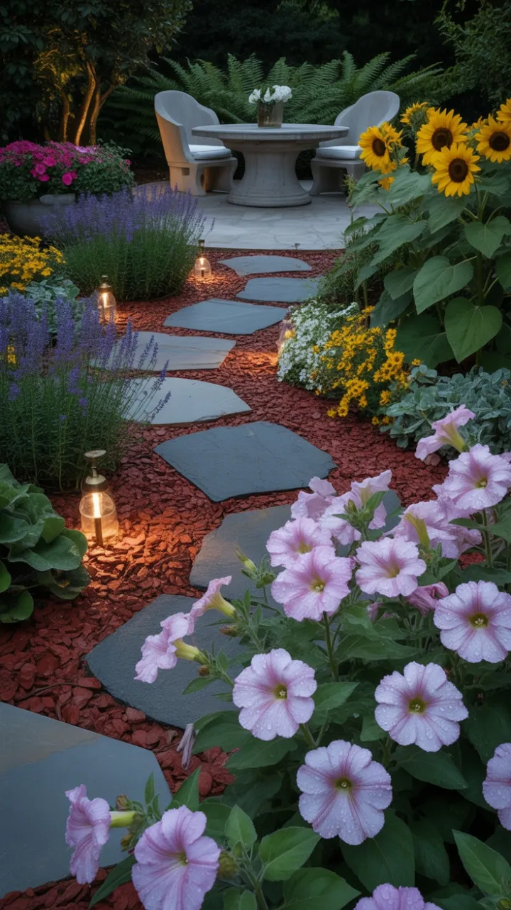 Tranquil Stone Path Through a Dew-Kissed Garden of Lavender and Sunflowers