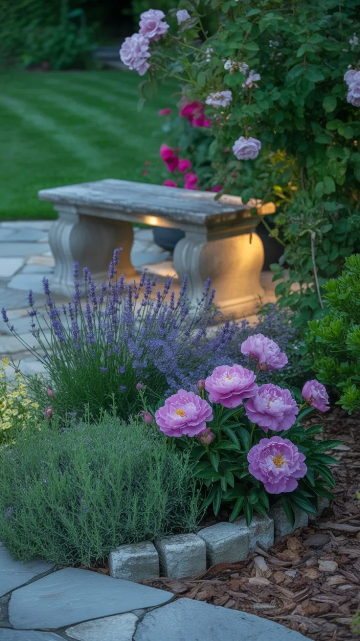Moonlit Stone-Bench Garden of Lavender and Peonies