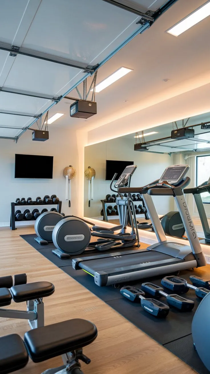 Transform your garage into a stunning luxury gym complete with a treadmill, elliptical, free weights, and modern amenities.