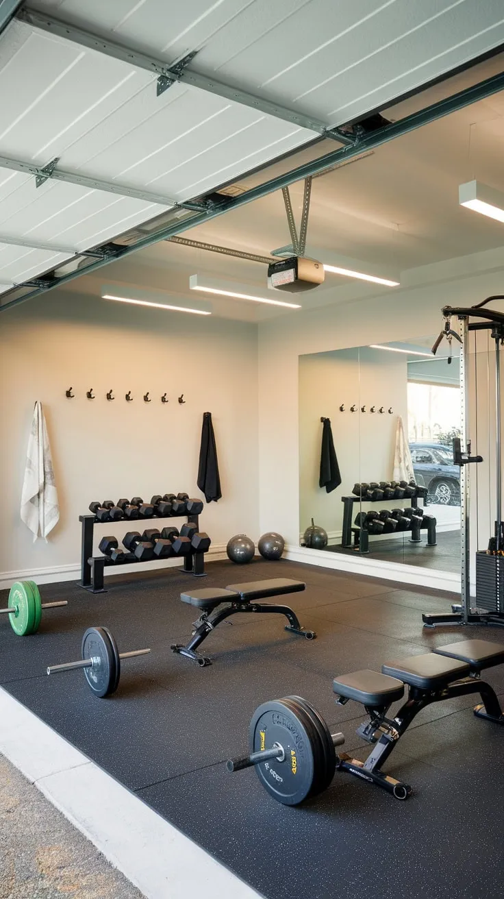 A stunning garage conversion showcases a high-end home gym, seamlessly blending automotive passion with peak physical performance.
