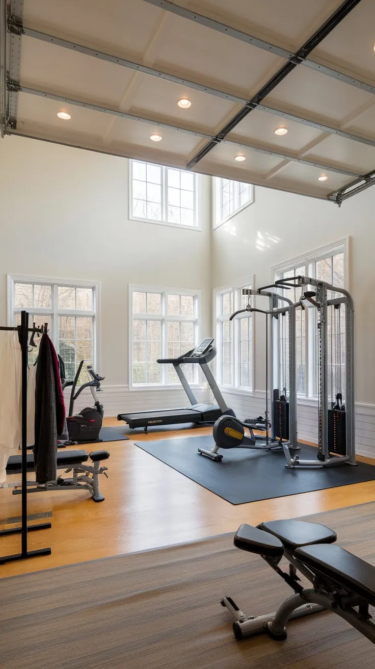 A stunning, high-ceiling garage conversion creates a luxurious home gym with state-of-the-art equipment and a sleek, modern design.
