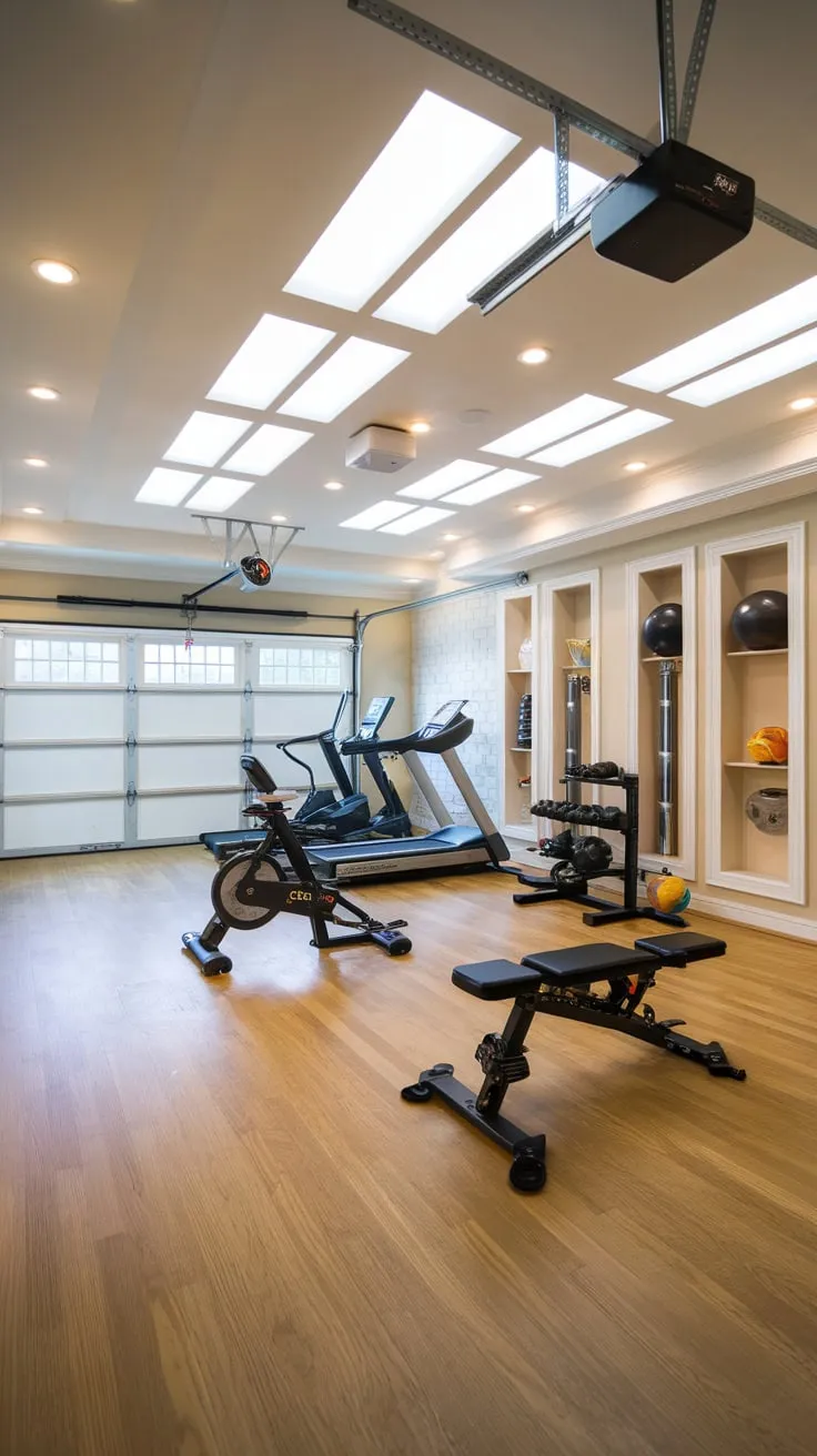 A bright, organized garage conversion showcases a luxurious home gym with top-of-the-line equipment and smart storage solutions.