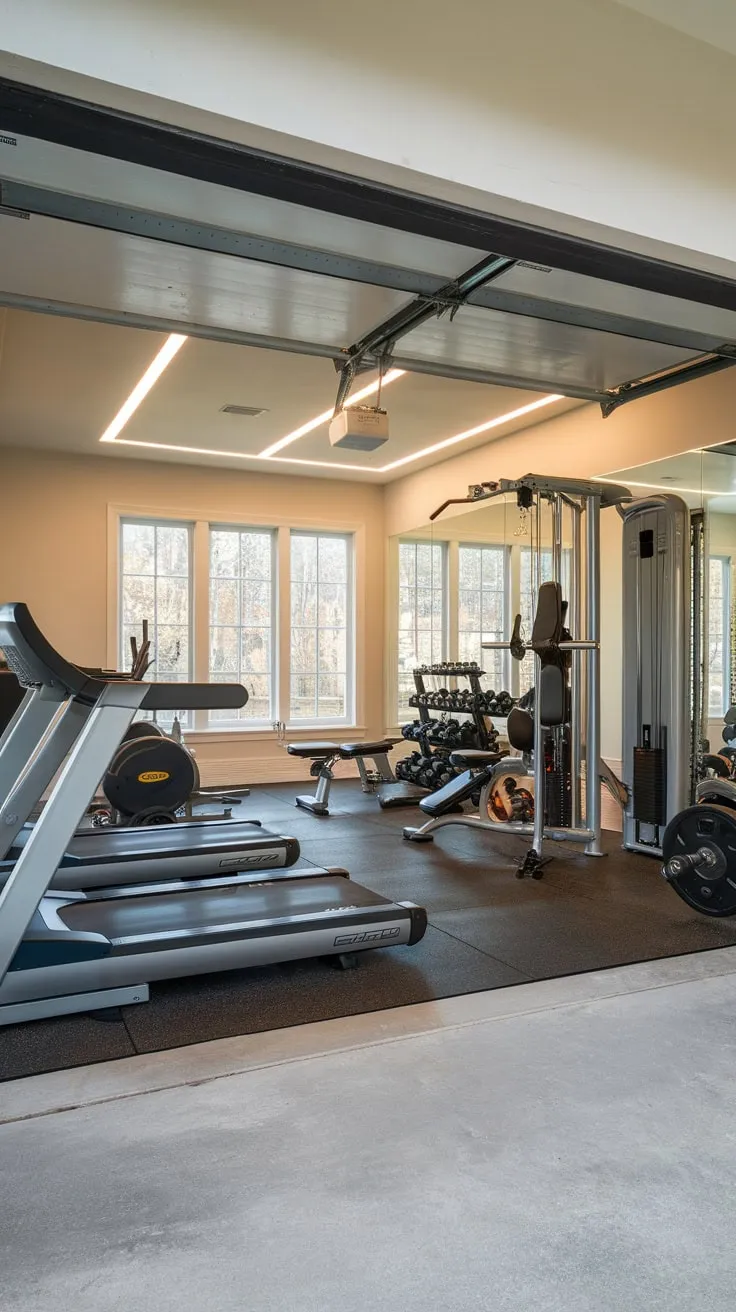 A stunning garage conversion creates a spacious, white-walled luxury home gym complete with a full range of fitness equipment.