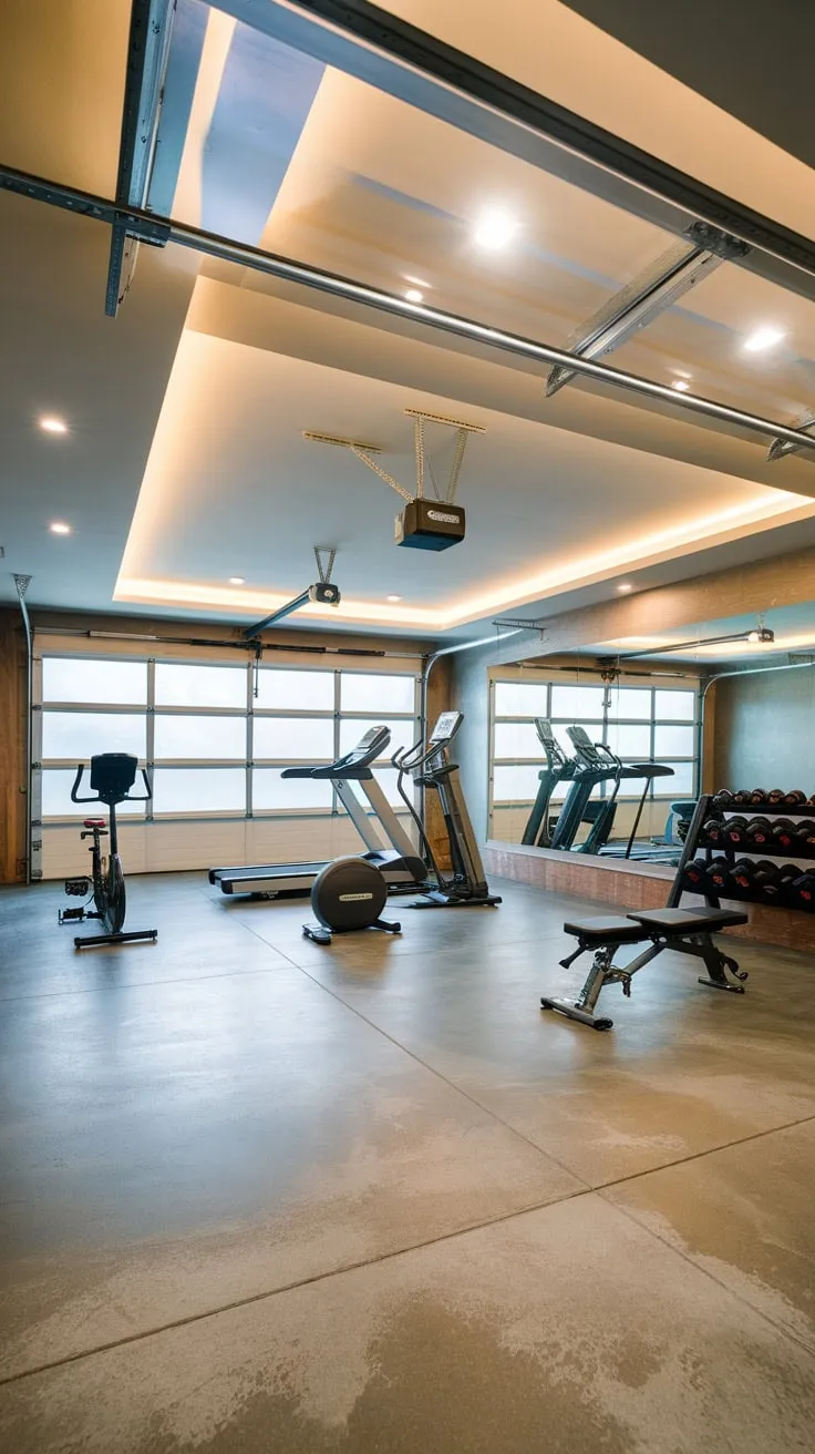 Transform your garage into a stunning home gym boasting premium equipment, bright lighting, and a spacious, inviting atmosphere.