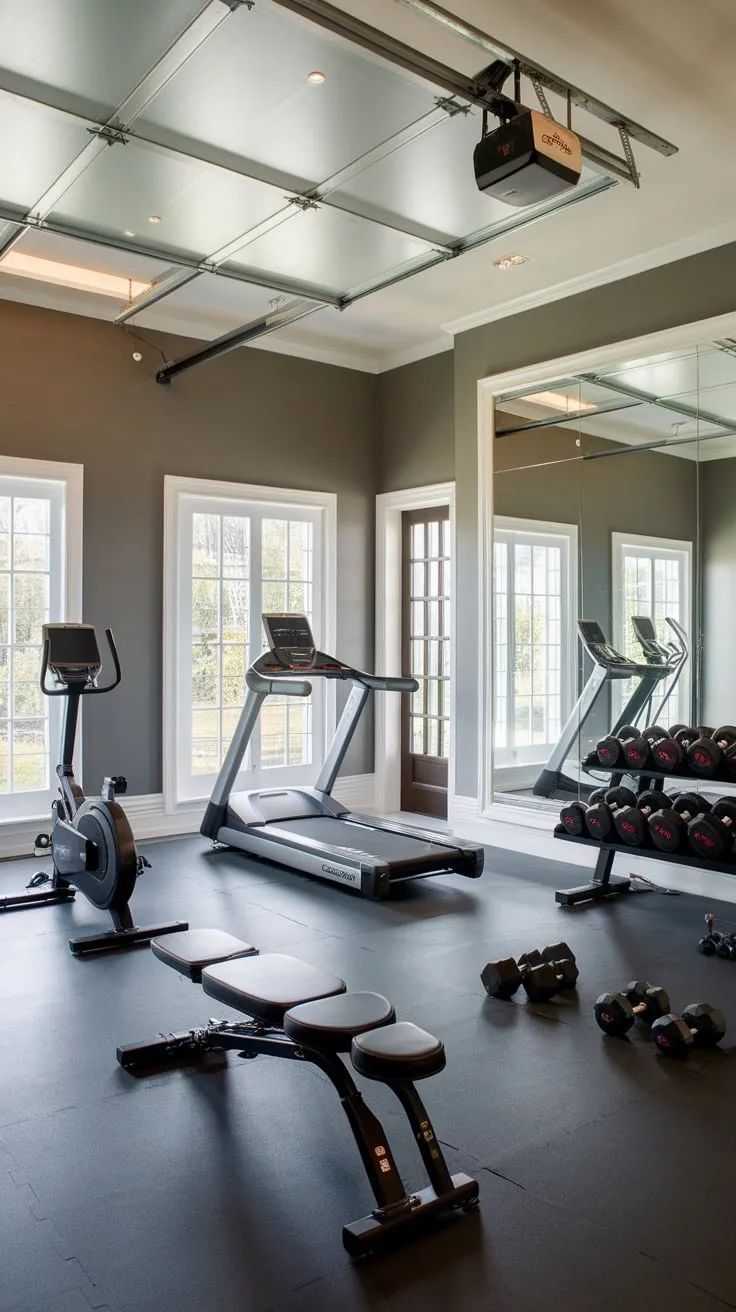 A spacious, high-ceilinged garage-style luxury home gym boasts modern design and top-tier equipment for the ultimate workout experience