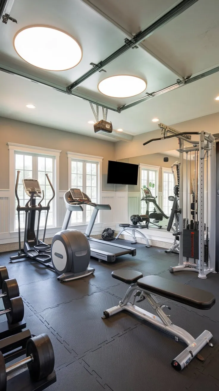 Transform your garage into a sleek white-and-grey luxury home gym featuring top-tier equipment and bright, motivating lighting