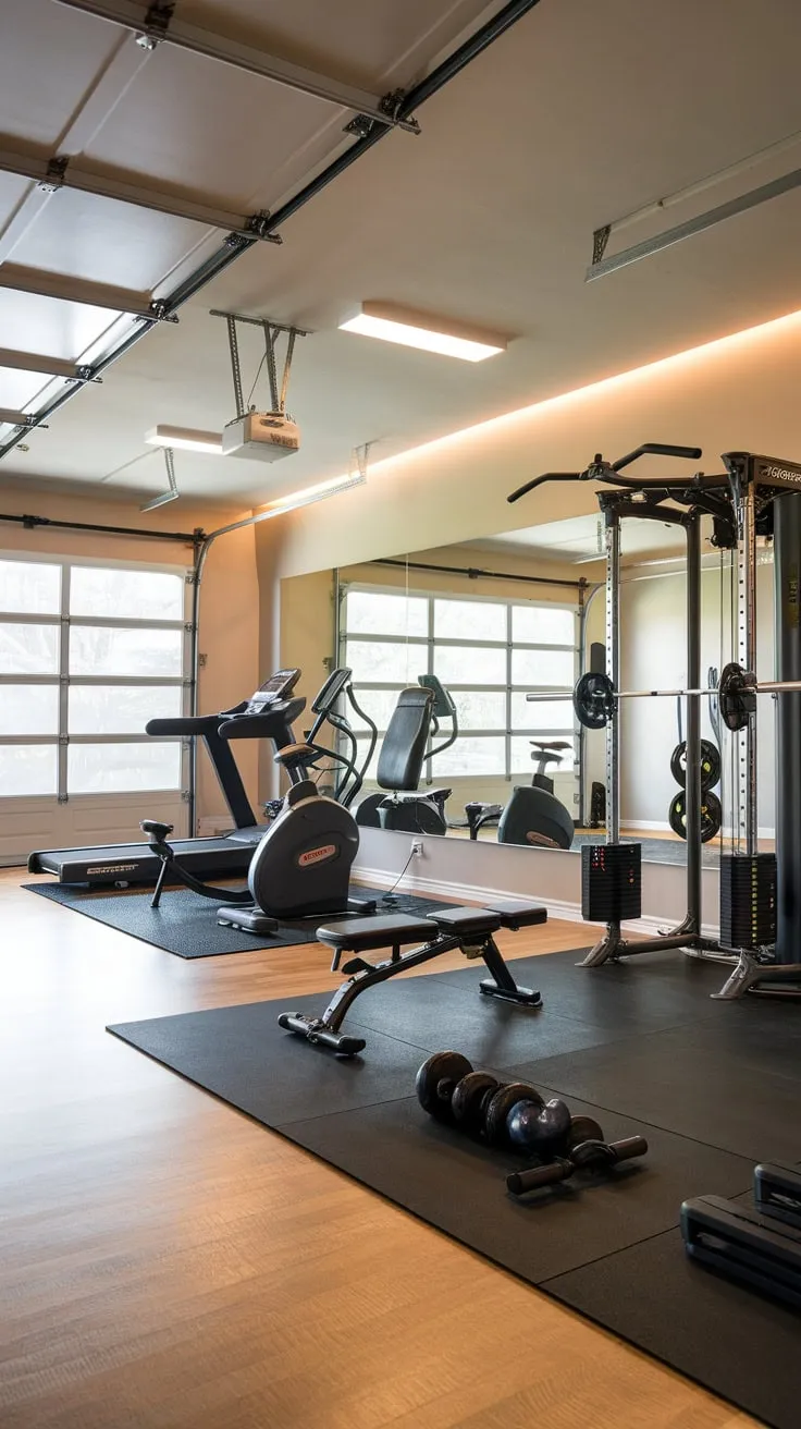 Elevate your workout experience with a high-end home gym seamlessly integrated into your garage.