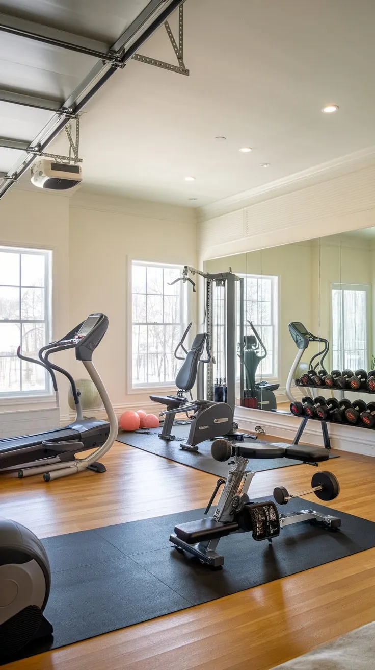 A stunning garage conversion creates a high-end home gym boasting state-of-the-art equipment in a bright and airy space.