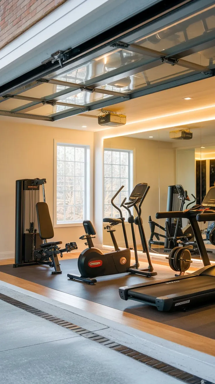 Transform your garage into a luxurious, sunlit fitness haven complete with state-of-the-art equipment