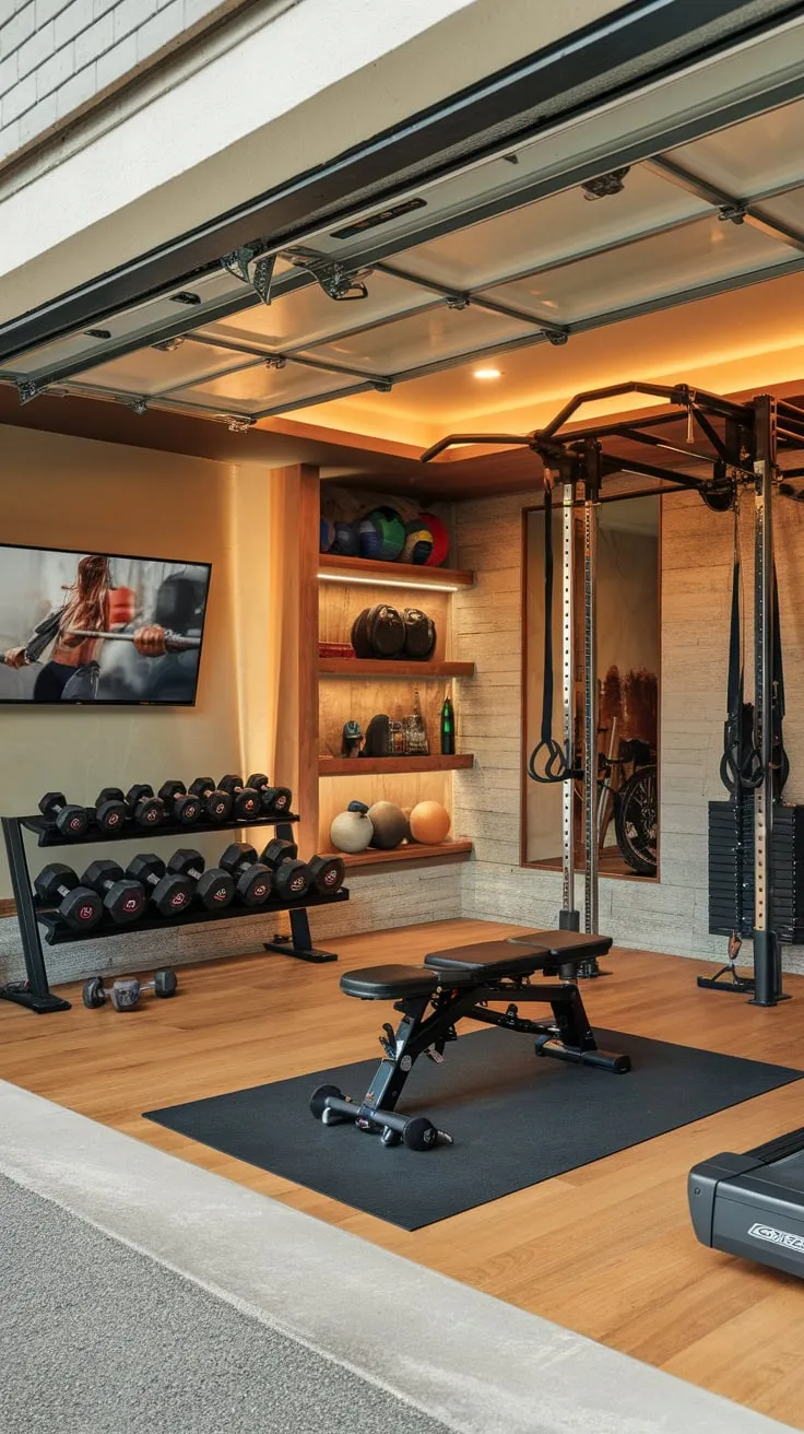 Transform your garage into a luxurious, fully-equipped home gym featuring a wooden floor, state-of-the-art equipment, and a motivating atmosphere