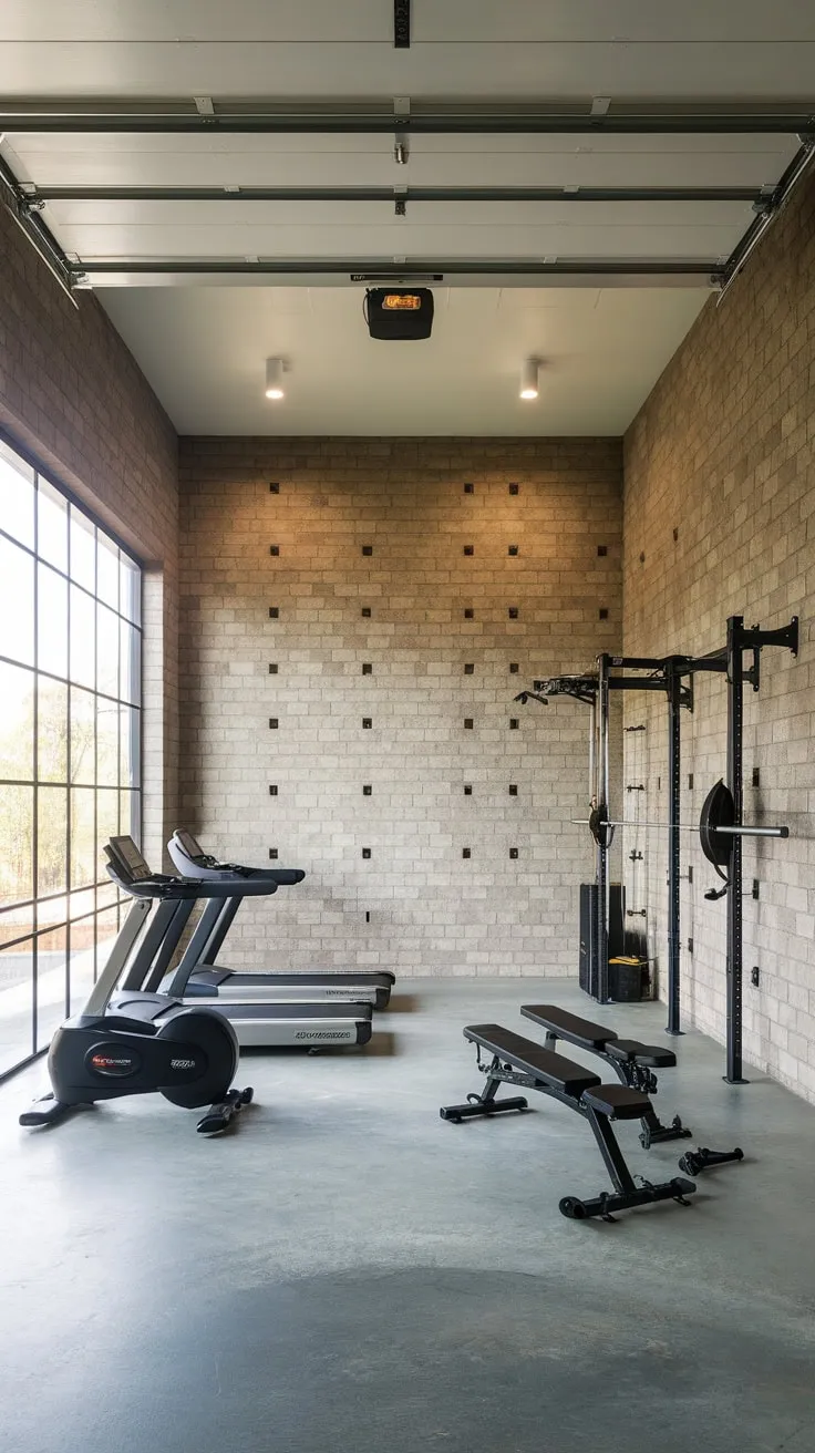 A stunning brick-walled garage gym boasts premium workout machines, bright modern lighting, and ample natural light for the ultimate home fitness experience.