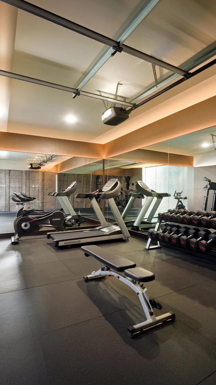 Transform your garage into a luxurious fitness sanctuary featuring top-of-the-line equipment and a polished black floor.