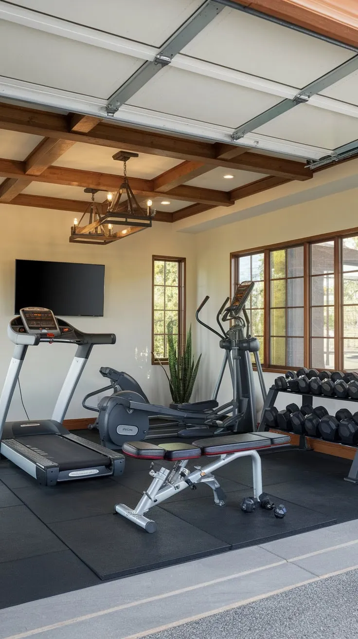 Upgrade your fitness routine in a luxurious garage gym featuring premium equipment and stylish design elements like wood beam ceilings and a concrete floor