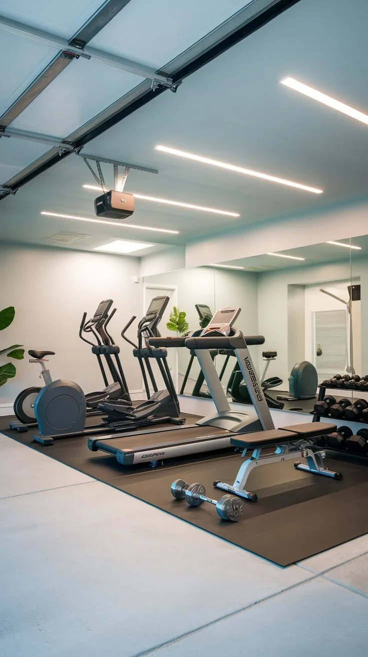 Upgrade your fitness routine with a high-end garage gym boasting state-of-the-art equipment in a stylish and functional space