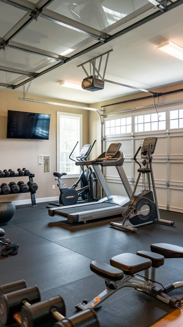 A stunning garage conversion creates a high-end home gym complete with state-of-the-art equipment and inspiring design.