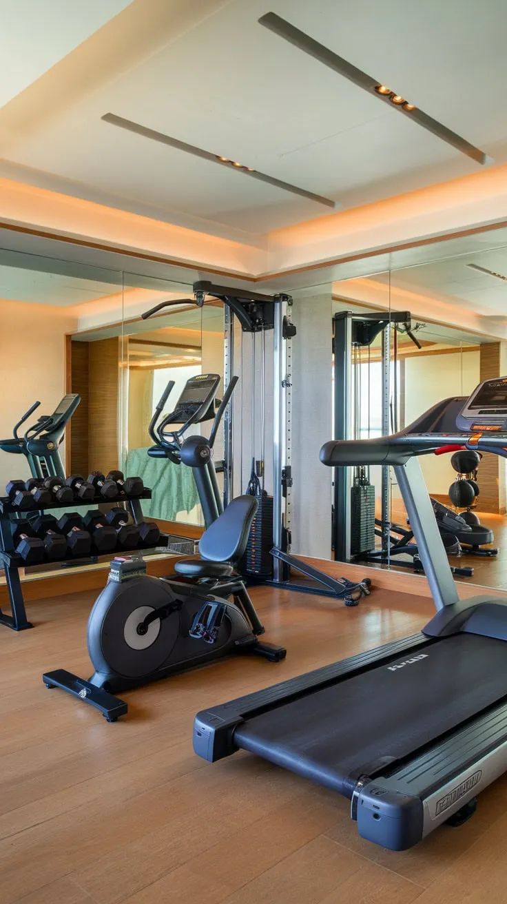 Experience the ultimate at-home workout in a stunning luxury gym featuring premium equipment and a sophisticated design.