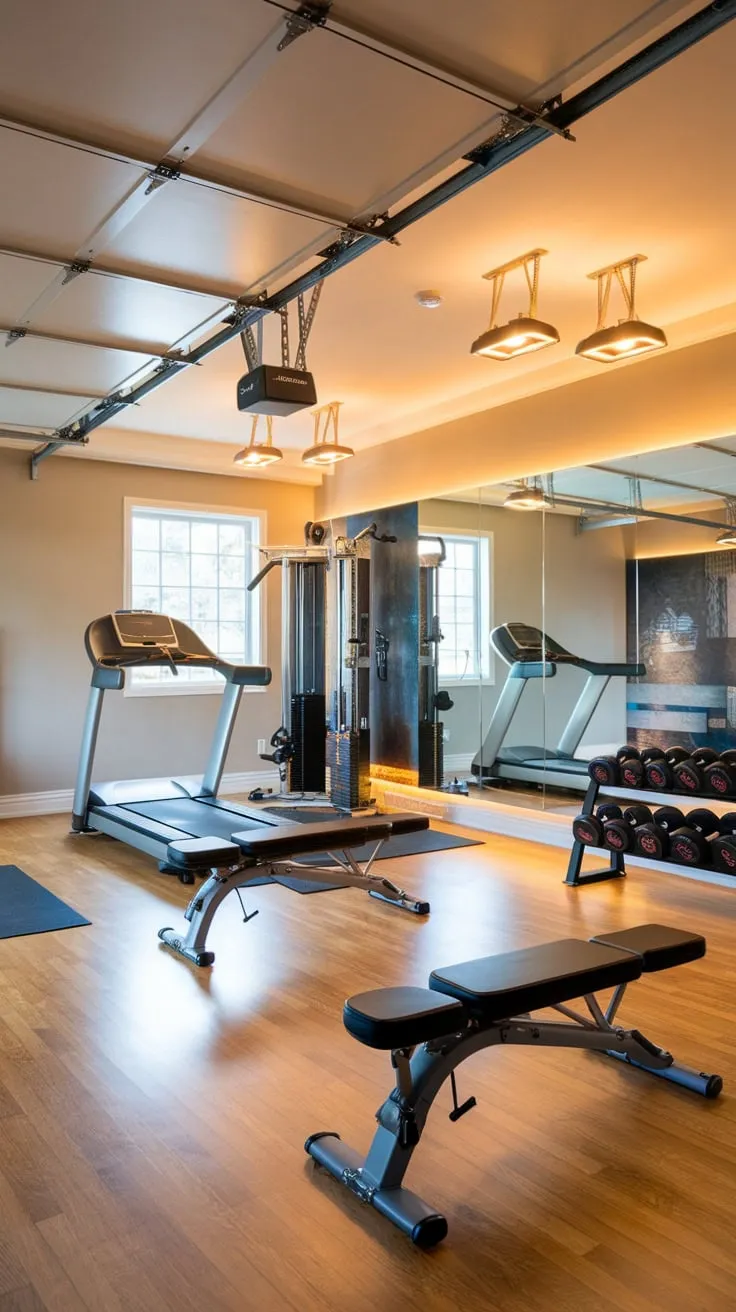 Upgrade your fitness routine in a stylish garage-gym boasting high-end equipment and a luxurious modern design