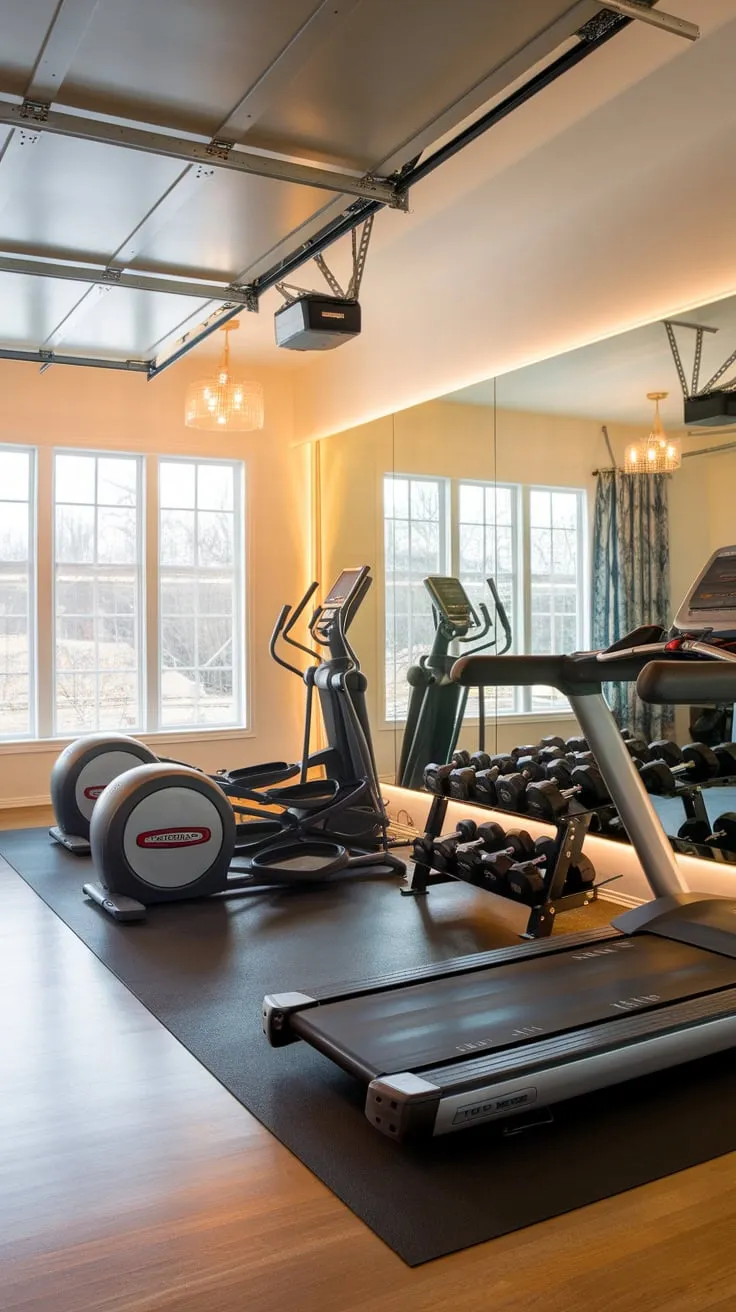 Transform your garage into a premium fitness sanctuary featuring hardwood floors, warm lighting, and top-tier workout machines.