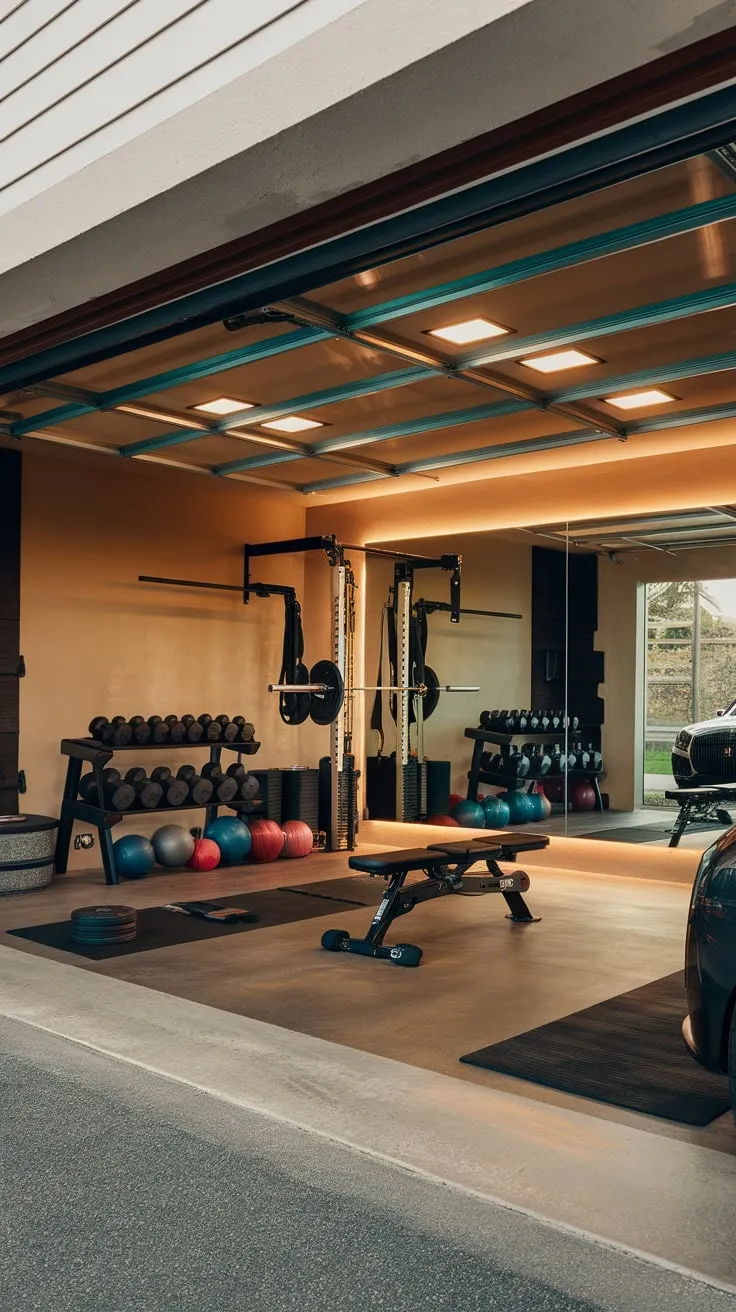 Transform your garage into a luxurious fitness sanctuary featuring top-tier equipment and a sleek design, complete with a view of your prized vehicle