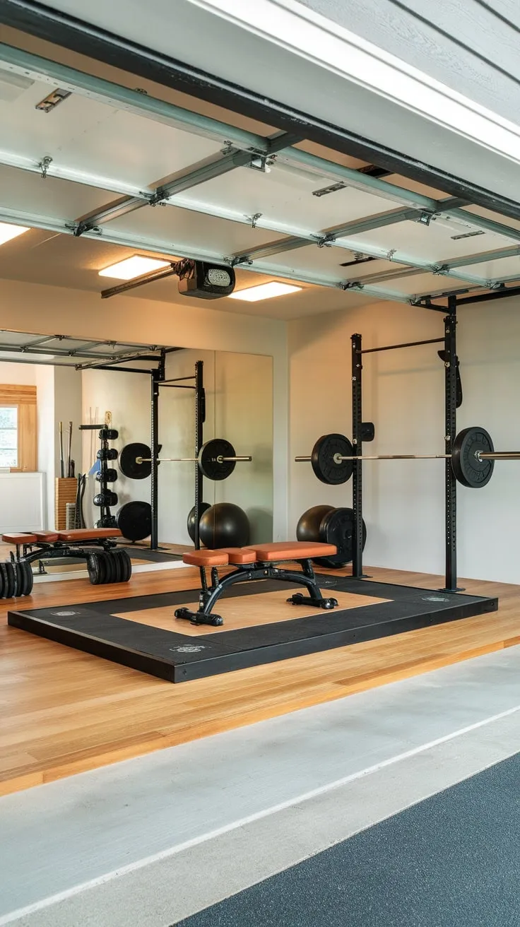 A white-walled garage is elegantly converted into a high-end home gym complete with a suspended ceiling, mirrored walls, and a dedicated weightlifting platform.