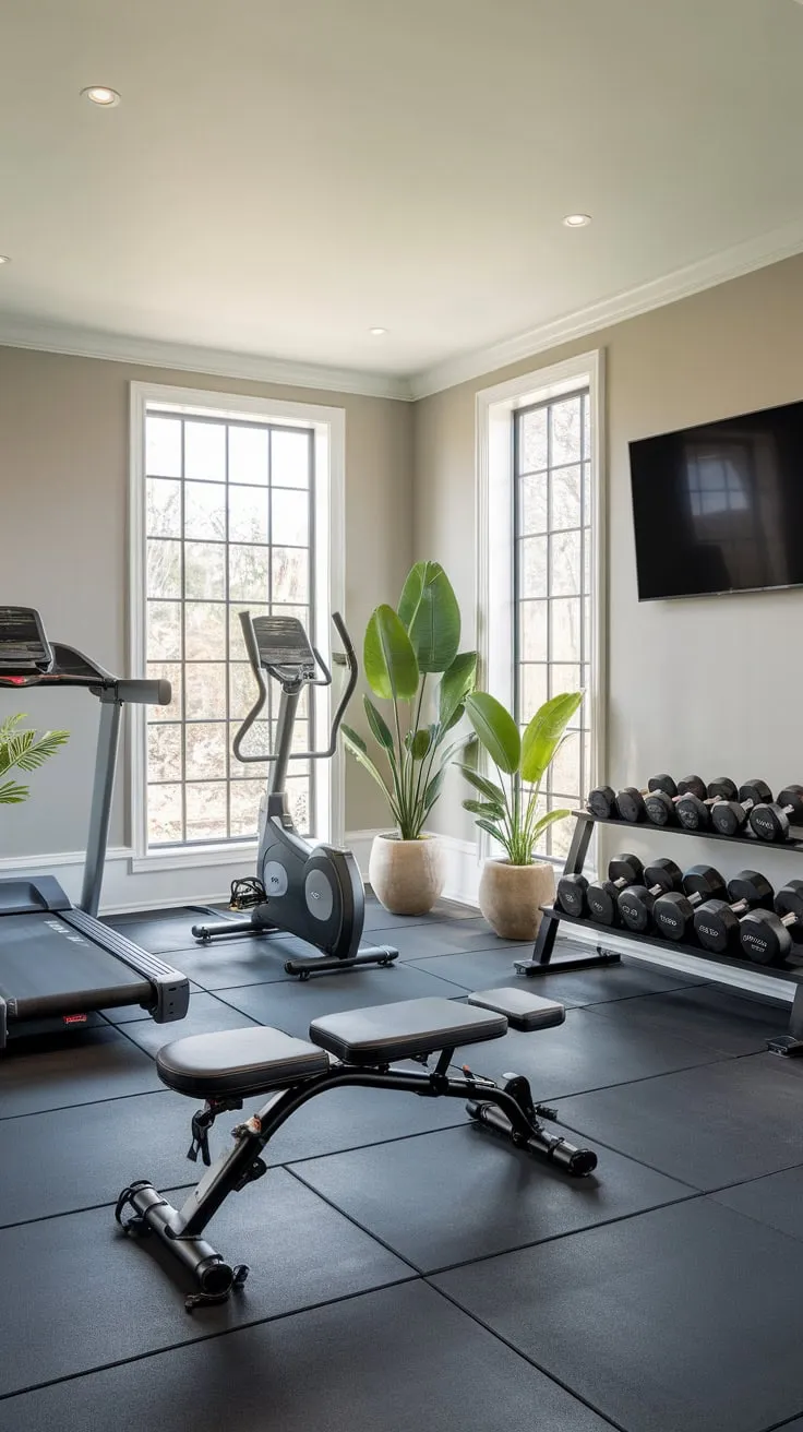 Escape to your own private fitness haven a luxurious garage gym boasting premium equipment and natural light.