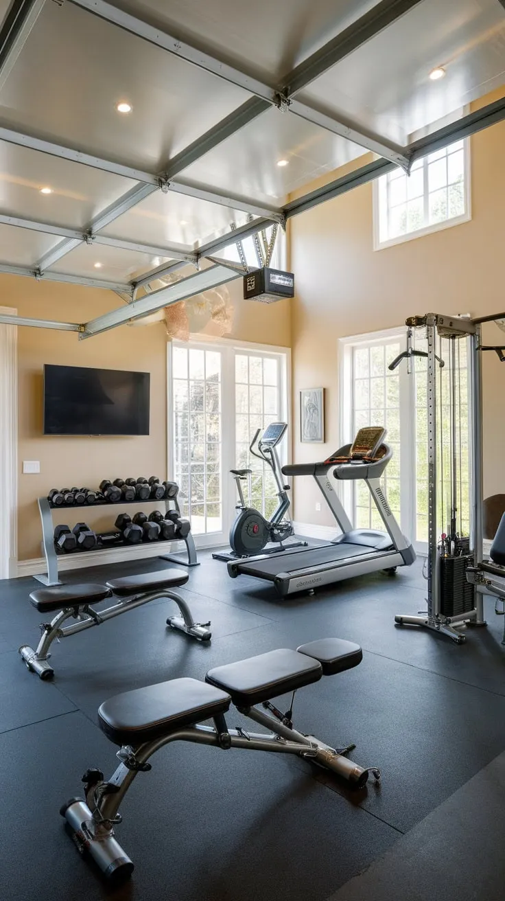 Transform your garage into an opulent fitness sanctuary complete with state-of-the-art equipment and a motivating atmosphere.