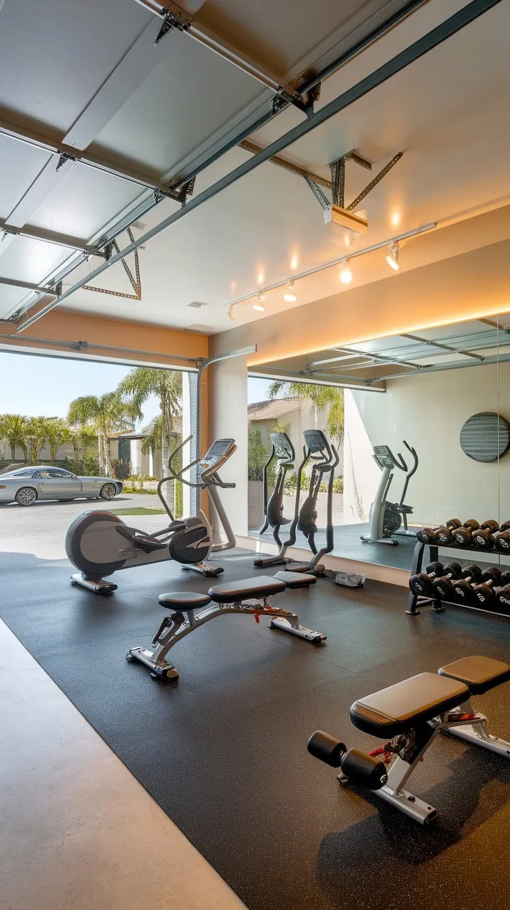 Upgrade your fitness routine in a luxurious garage gym featuring top-tier equipment and stylish design