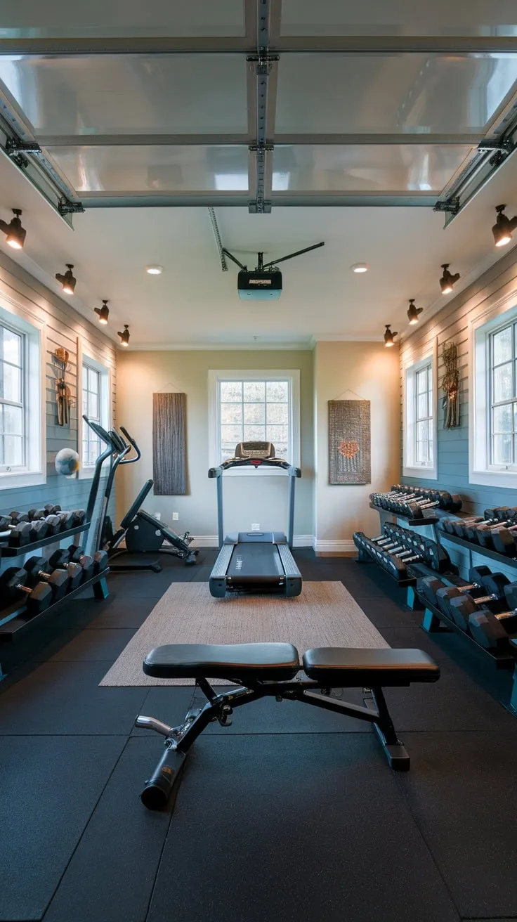 Transform your garage into a stunning, fully-equipped luxury home gym, complete with a comfortable workout space and abundant storage.