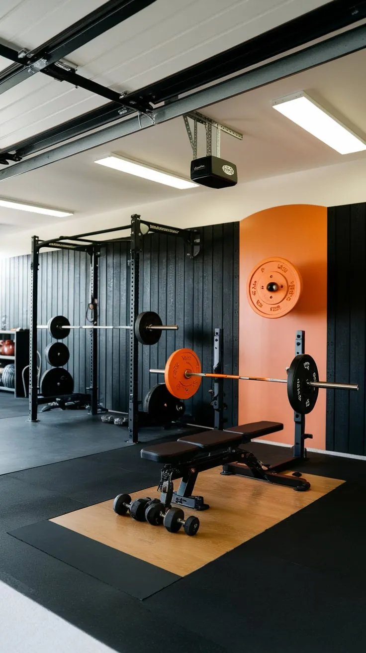 Transform your garage into a vibrant luxury fitness haven with a stunning black and orange home gym setup.