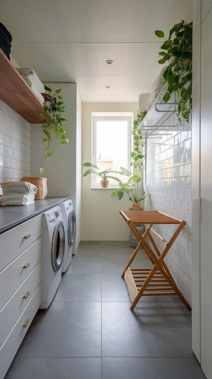 Step into your dream laundry room. This luxury laundry space boasts a modern laundry design, featuring a minimalist aesthetic, plenty of storage, and subtle pops of greenery.  It's the epitome of modern laundry rooms, showcasing the best in luxury laundry room ideas and a truly enviable laundry room aesthetic.