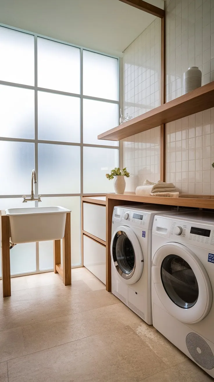 Transform your chores into a tranquil experience. This modern laundry room boasts a sophisticated design, blending seamlessly into a modern laundry space.  Discover the ultimate laundry room aesthetic and find inspiration for your own dream laundry room among these luxury laundry room ideas, creating a modern laundry space you'll love.