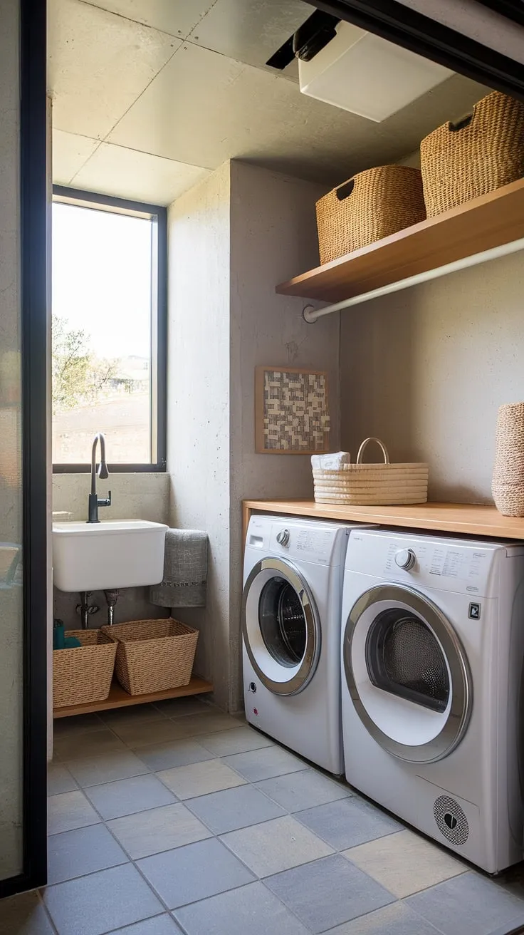 This modern utility room redefines laundry day.  The luxury laundry room aesthetic is effortlessly achieved with clean lines, natural light, and thoughtful storage, offering a glimpse into dream laundry room design. This is luxury laundry redefined.