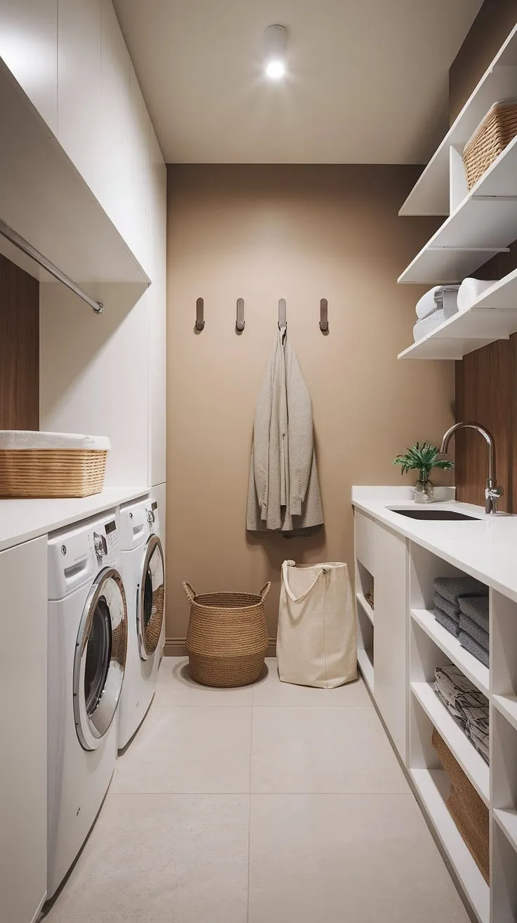 Achieve the ultimate laundry room aesthetic with this stunning space.  This luxury laundry room boasts a modern design, seamlessly blending functionality with style.  From the white cabinetry to the thoughtful details, it's the epitome of modern laundry and a perfect example of luxury laundry room ideas for creating your dream laundry room in a modern laundry setting.