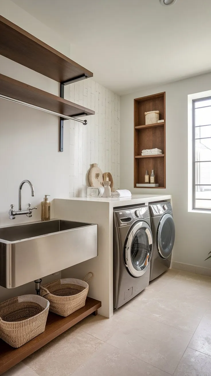 This modern utility room redefines laundry day.  The luxury laundry room aesthetic, complete with a stainless steel sink and sleek cabinetry, elevates this space from chore to sanctuary.  A dream laundry room indeed, offering inspiration for your own luxury laundry room ideas.