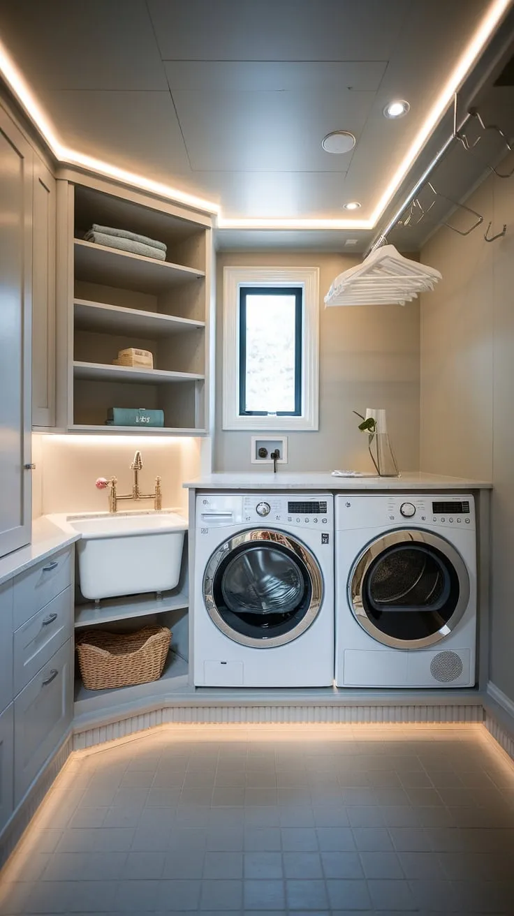 Step into the epitome of modern convenience with this luxury laundry room.  The sleek white cabinetry, integrated appliances, and soft lighting create a dream laundry room aesthetic that seamlessly blends functionality with sophisticated style. This modern utility room offers the ultimate in luxury laundry, showcasing the best in modern laundry rooms and providing endless luxury laundry room ideas.