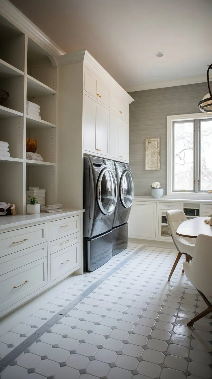 Transform your chore into a calming retreat. This modern laundry room boasts a sophisticated laundry room aesthetic, blending seamlessly into a luxury laundry space.  From the elegant cabinetry to the high-end appliances, every detail contributes to this dream laundry room.  Explore luxury laundry room ideas and discover the possibilities of modern laundry in your own home.  This space is the ultimate example of modern laundry rooms.