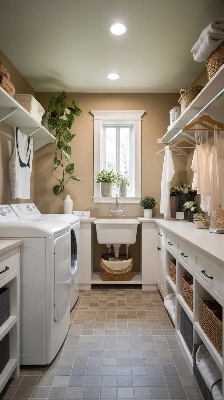 Step into the epitome of clean living: this luxury laundry room redefines practicality with its modern aesthetic.  Sleek appliances, ample storage, and thoughtful design elements create a dream laundry room that's both functional and stylish, offering inspiration for your own luxury laundry room ideas.  This modern utility room elevates laundry day from chore to sanctuary.