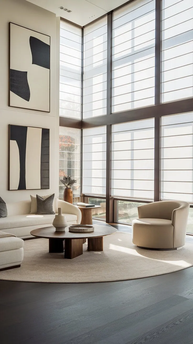 Sunlight streams through the floor-to-ceiling windows of this modern villa, illuminating the luxurious living space. The minimalist aesthetic, punctuated by abstract art and a creamy white sofa, creates a serene atmosphere perfect for relaxation and entertaining. The carefully chosen textures and neutral tones, from the beige armchair to the dark wood floors, contribute to a feeling of understated elegance.