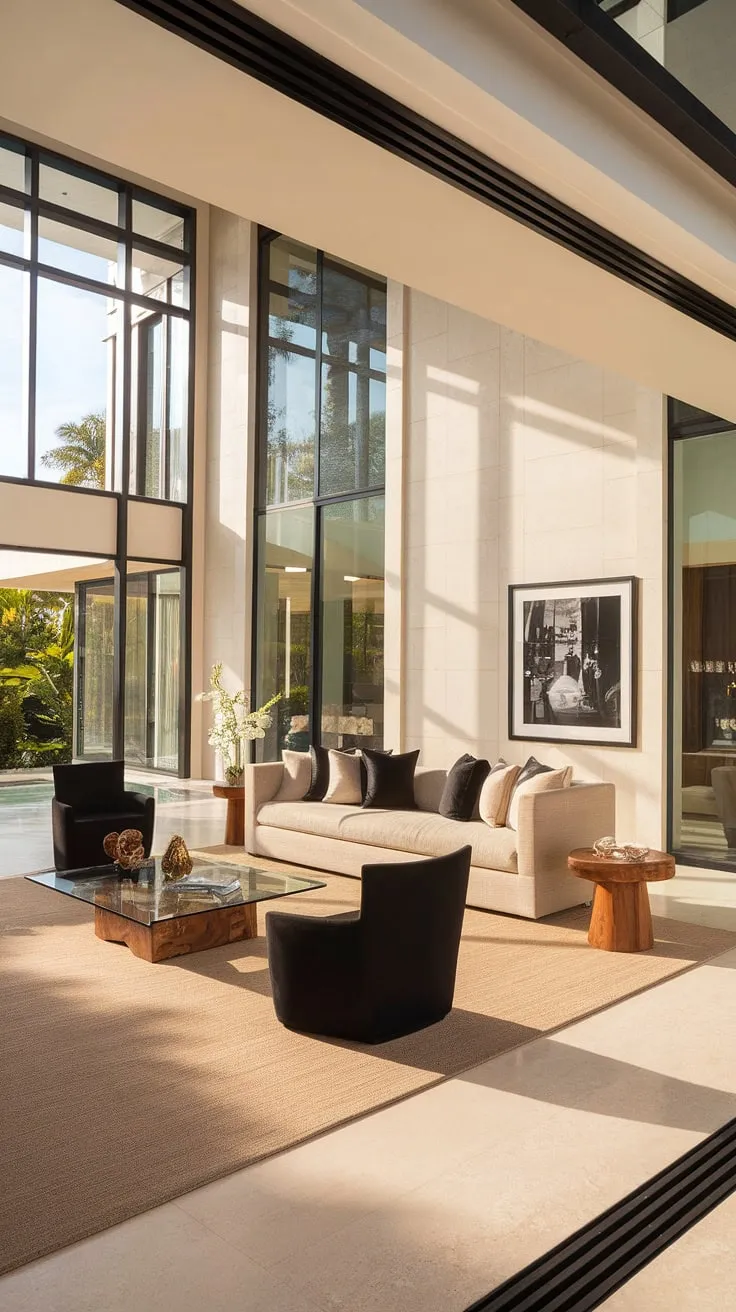 Sunlight streams into this modern villa's living room, illuminating the elegant beige sofa and creating a haven of calm and sophistication. The high ceilings and carefully chosen furnishings, including the sleek black chairs and glass coffee table, contribute to a feeling of airy spaciousness and understated luxury. A perfect space for relaxation and refined living.