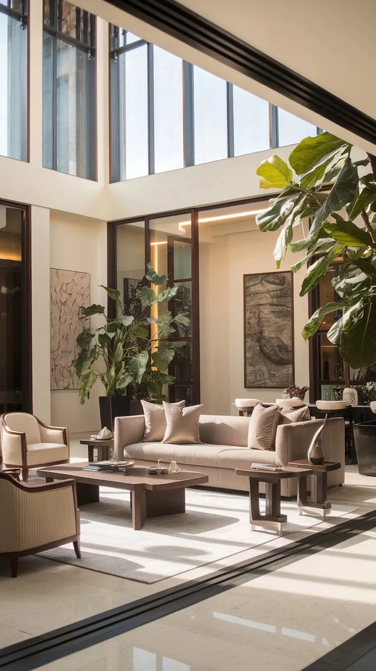 This airy, high-ceilinged living room is a testament to modern design. Natural light dances across the polished surfaces, highlighting the subtle artistry of the space. A comfortable seating arrangement, punctuated by vibrant plants and striking artwork, invites conversation and effortless living. A true haven of peace and tranquility.