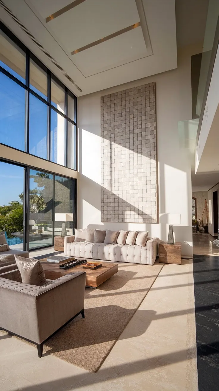 This modern villa's living room is a testament to understated elegance. High ceilings and abundant natural light create a sense of spaciousness, while the carefully curated furnishings-a plush white sofa, a grey armchair, and a striking geometric painting-add personality and warmth. A haven of refined living.