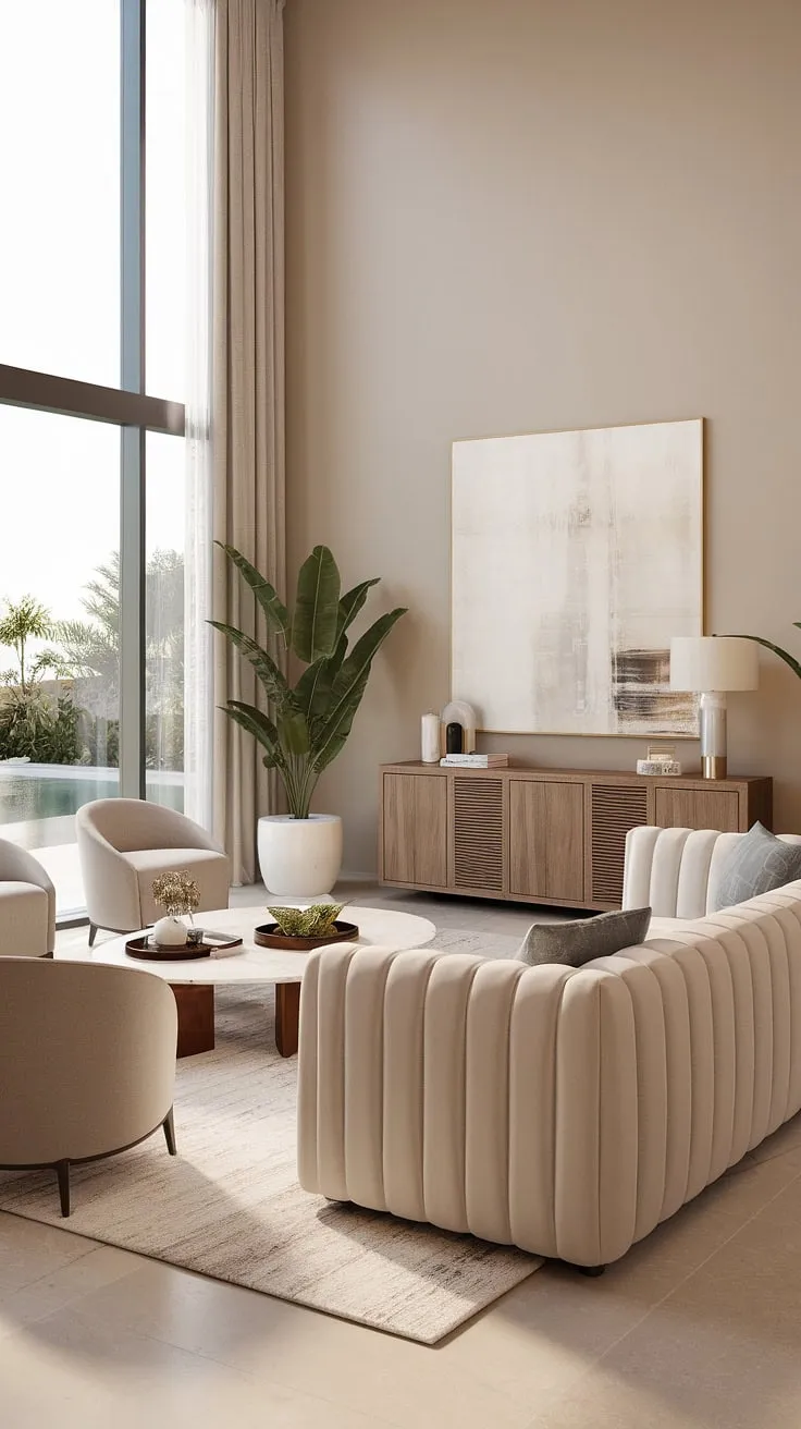 Sunlight streams into this luxurious villa living room, illuminating the plush white sofa and creating a serene atmosphere. The carefully curated details, from the elegant wooden cabinet to the flourishing plant, speak to a life of understated elegance. A perfect blend of comfort and sophistication.