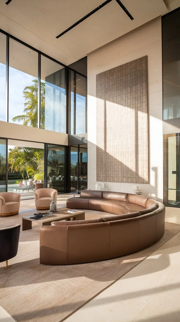 Sunlight streams into this luxurious villa living room, illuminating the curved beige leather sofa and the striking geometric artwork on the wall. A sense of calm and sophisticated elegance pervades the space. A perfect sanctuary for relaxation and refined living.