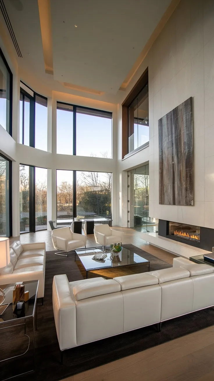 This isn't just a living room; it's a statement. High ceilings, a minimalist aesthetic, and carefully curated art pieces combine to create a sophisticated haven. The soft glow of natural light enhances the luxurious textures and clean lines, making it the ultimate space for unwinding and entertaining.