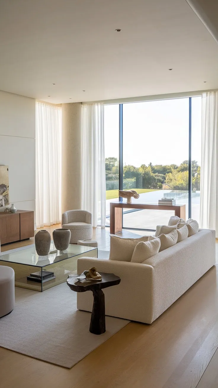 Indulge in the tranquility of this modern villa. Natural light dances across the light hardwood floors, highlighting the minimalist elegance of the white sofa and glass coffee table. The expansive window offers breathtaking views, blurring the lines between indoor and outdoor living, creating a space where luxury meets serenity. A simple wooden console table adds a touch of warmth to this sophisticated retreat.
